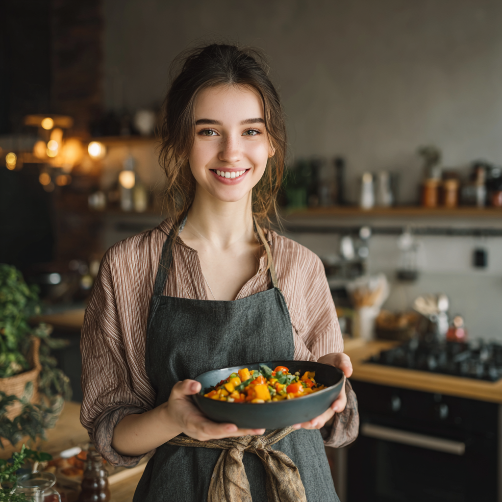 Femeie româncă zâmbitoare în vârstă de 50 de ani gătind într-o bucătărie modernă cu ingrediente proaspete și sănătoase pe blat